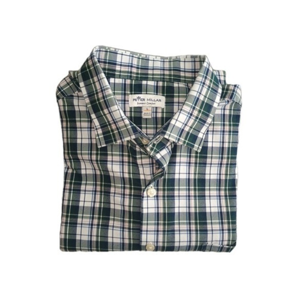 Peter Millar Summer Comfort Mens Large Plaid Button Down Shirt Purple Blue White